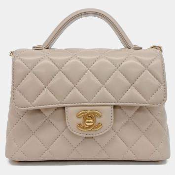 Pre Owned Chanel Beige Leather Small Top Handle Flap Bag