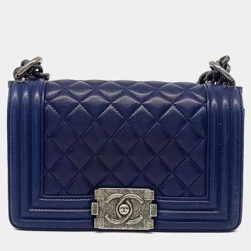 Pre Owned Chanel Navy Blue Leather Small Boy Bag