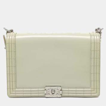 Pre Owned Chanel Green Leather Boy Bag Large