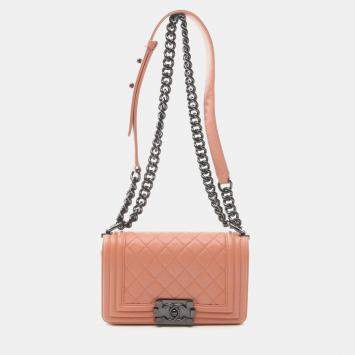 Pre Owned Chanel Boy Small Orange Lambskin Shoulder Bag