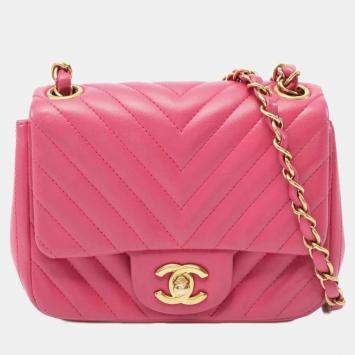 Pre Owned Chanel Mini Flap Chevron Pink Lambskin Shoulder Bag