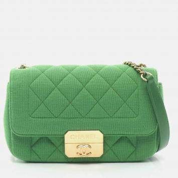 Pre Owned Chanel Matelasse Green Cotton Jersey Leather Single Flap Shoulder Bag