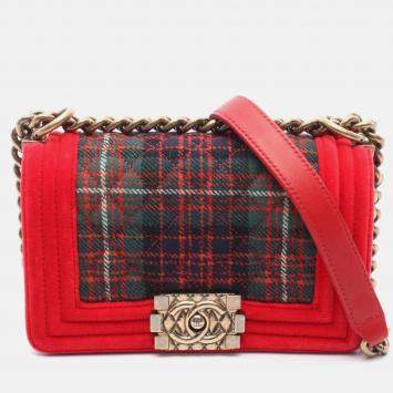 Pre Owned Chanel Boy Small Red Green Multicolor Fabric Canvas Shoulder Bag
