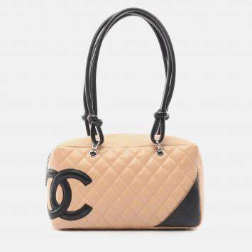 Chanel Cambon Line Beige Black Leather Bowling Shoulder Bag