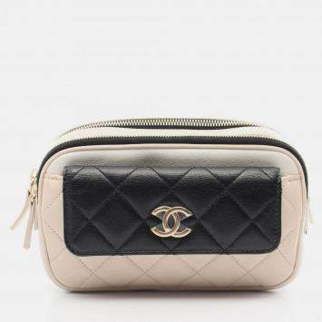 Chanel Matelasse Beige White Black Leather Waist Bag