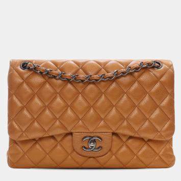Pre Owned Chanel Brown Jumbo Classic Iridescent Caviar Double Flap