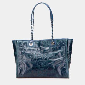 Pre Owned Chanel Blue Small Glazed Calfskin Deauville Tote