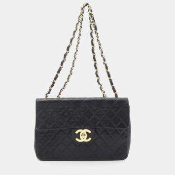 Pre Owned Chanel Deca Matelasse Black Lambskin Shoulder Bag