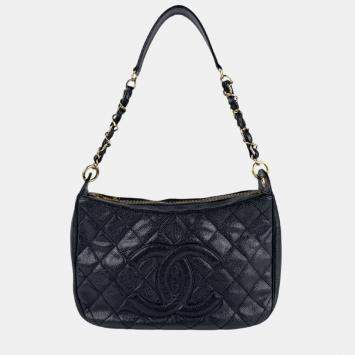 Pre Owned Chanel Shoulder Bag Matelasse Caviar Skin Leather Black Gold