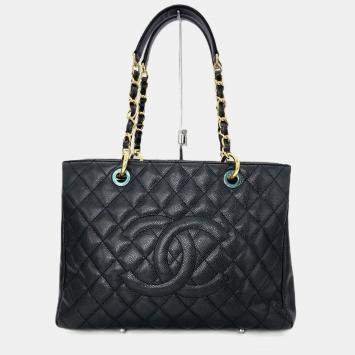 Pre Owned Chanel Grand GST Black Caviar Skin Tote Bag
