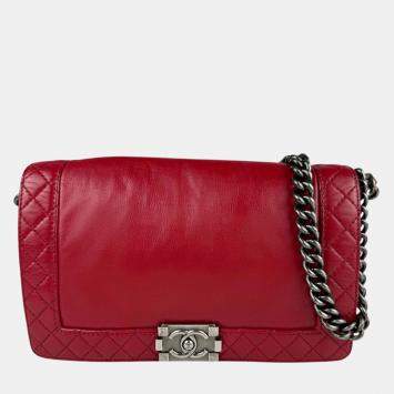 Pre Owned Chanel Boy Red Leather Shoulder Bag