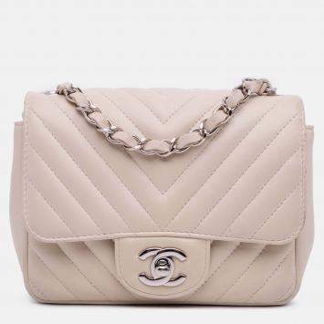 Pre Owned Chanel White Mini Square Classic Chevron Lambskin Single Flap