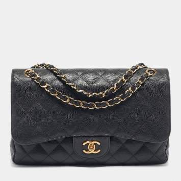 Pre Owned Chanel Black Quilted Caviar Leather Jumbo Classic Double Flap Bag