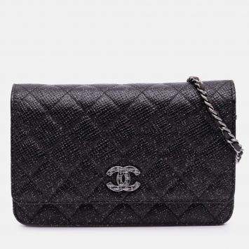 Chanel Black CC Quilted Glittered Calfskin Wallet On Chain