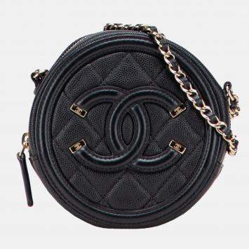 Chanel Black Caviar CC Filigree Round Clutch with Chain