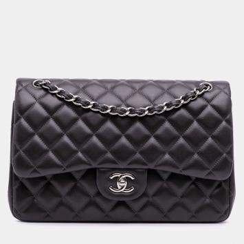 Pre Owned Chanel Grey Jumbo Classic Lambskin Double Flap Bag