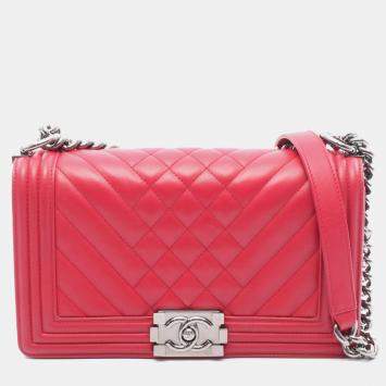 Pre Owned Chanel Red Old Medium Quilted Lambskin Boy Flap Bag