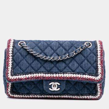 Pre Owned Chanel Blue Quilted Denim Classic Single Flap Bag
