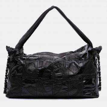 Pre Owned Chanel Black Lambskin Patent Brooklyn Patchwork Hobo Bag