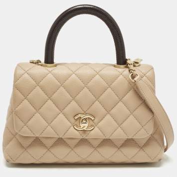 Pre Owned Chanel Beige/Brown Quilted Caviar Leather Mini Coco Top Handle Bag