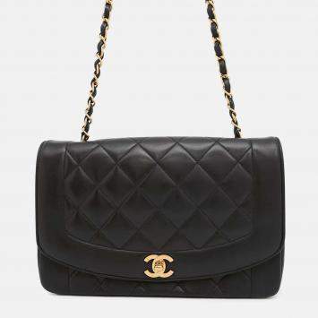 Pre Owned Chanel Diana Matelasse Black Lambskin Chain Shoulder Bag