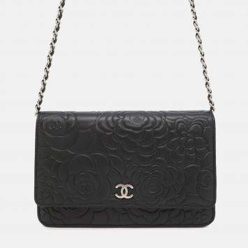 Chanel Camellia Black Lambskin Wallet On Chain 