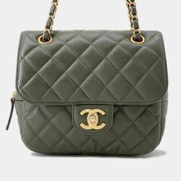 Pre Owned Chanel Matelasse Khaki Caviar Leather Chain Shoulder Bag