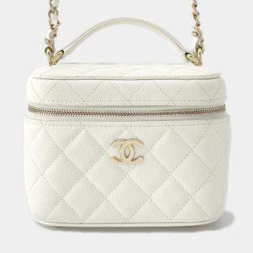 Pre Owned Chanel Matelasse Top Handle Small White Caviar Leather Chain Vanity Bag
