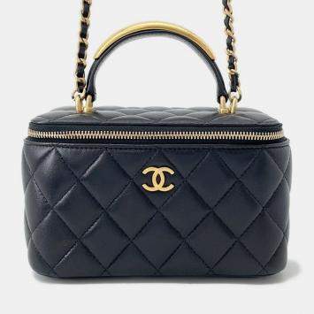 Pre Owned Chanel Matelasse Top Handle Black Lambskin Chain Vanity Bag