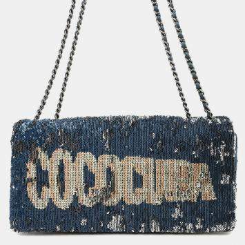 Pre Owned Chanel Coco Cuba Navy Silver Sequins Leather Chain Shoulder Bag
