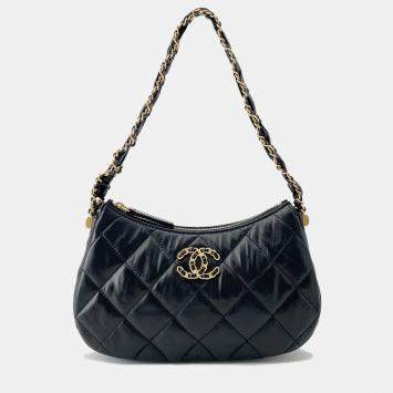 Pre Owned Chanel Crumpled Calfskin Braided Black Chain Handbag