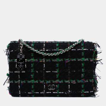 Chanel Black Quilted Boucle Tweed Robot Charm Wallet On Chain