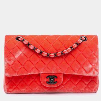 Pre Owned Chanel Red Medium Classic Velvet Double Flap