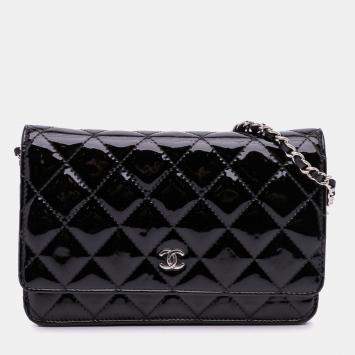 Chanel Black CC Quilted Patent Wallet On Chain