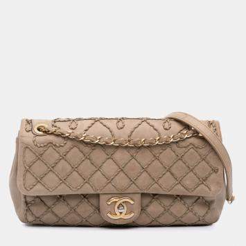 Pre Owned Chanel Brown Calfskin Stitched Motif Flap