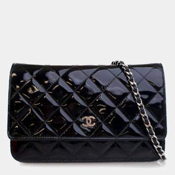 Chanel Black CC Quilted Patent Wallet On Chain