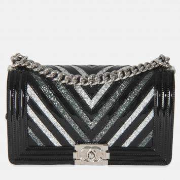 Pre Owned Chanel Black Patent Chevron Glitter PVC Old Medium Boy Bag
