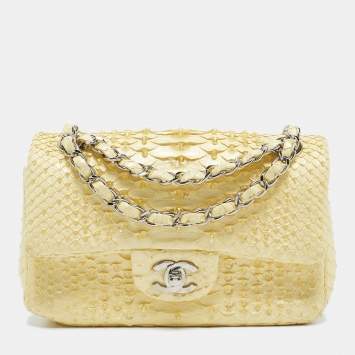 Pre Owned Chanel Yellow Python Small Beaded Classic Single Flap Bag