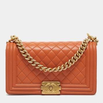 Pre Owned Chanel Orange Quilted Leather Medium Classic Boy Flap Bag