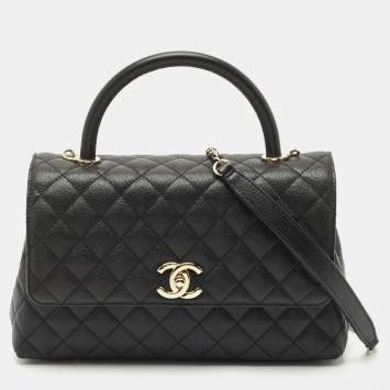 Pre Owned Chanel Black Quilted Caviar Leather Medium Coco Top Handle Bag