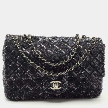Pre Owned Chanel Navy Blue/Black Quilted Sequins and Satin Medium Classic Single Flap Bag