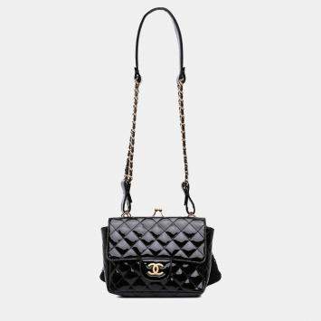 Chanel Black Mini Patent Lace Kiss Lock Flap Double Bag