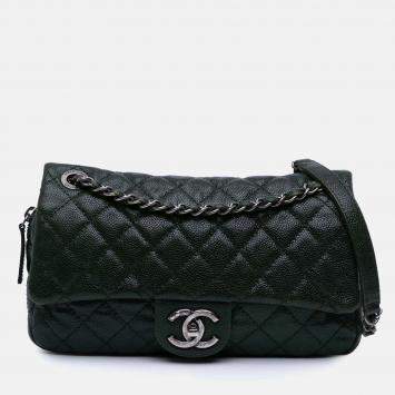 Chanel Green Medium Quilted Iridescent Caviar Easy Flap