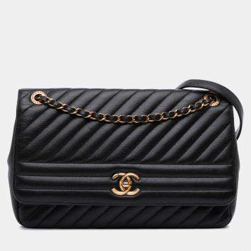Chanel Black Large Diagonal Quilted Goatskin Flap