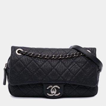 Chanel Navy Blue Small Quilted Distressed Calfskin Easy Flap