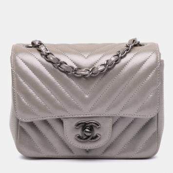 Chanel Brown Mini Square Classic Chevron Iridescent Calfskin Single Flap
