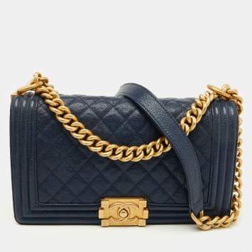 Chanel Navy Blue Quilted Caviar Leather Medium Boy Bag
