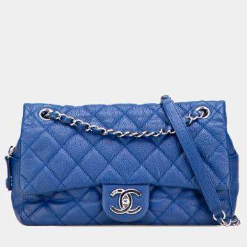 Pre Owned Chanel Blue Medium Quilted Caviar Easy Flap Bag