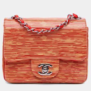 Chanel Orange/Red Mini Square Classic Patent Striped Single Flap Bag