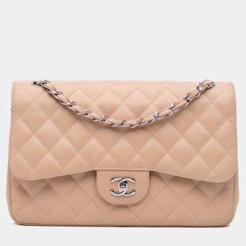 Chanel Beige Jumbo Classic Caviar Double Flap Bag